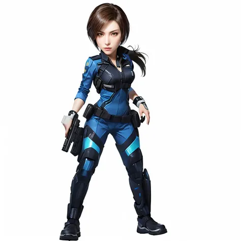  A close up of a person with a gun and a uniform., Glamorosa Jill Valentine, katana zero   video game character , female protagonist,  mechanized female soldier , female protagonist 👀 :8,  in a dark space mercenary suit , full length roleplaying portrait, ...