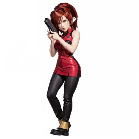 a cartoon of a woman with a gun and dressed in a red shirt, Anya de Spy X Family, Character from King of Fighters, Yayoi Kasuma, ,  Natalie from epic battle fantasy , female protagonist 👀 :8, Kusanagi,  like a character in Tekken , female protagonist,  gir...