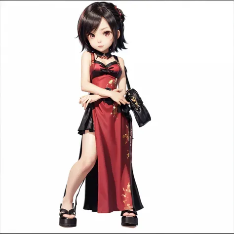 a woman in a red dress with a black bag, Sprite, Yayoi Kasuma,  Natalie from epic battle fantasy , , Loli in a dress, Anya de Spy X Family,  Character from the video game Katana Zero ,  mikasa ackerman , female anime character, Tsubasa Nakais style,  like ...