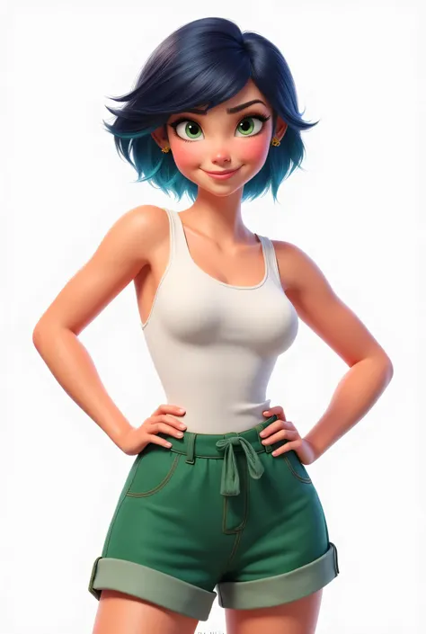 score_9, score_8_up, score_7_up, a beautiful girl with short hair with blue highlights, hands on her hips, white tank top, wide ...