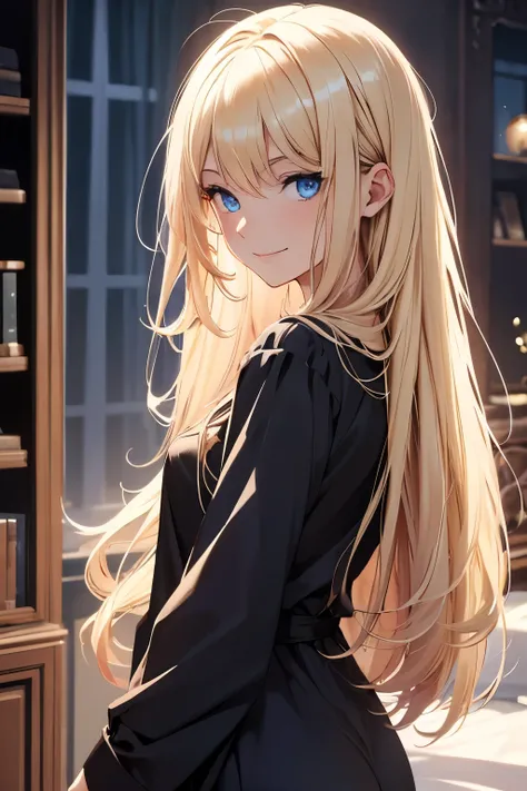 masterpiece, best quality, 1girl, French ethnicity, blue eyes, teenage French spy, blonde, hair, long hair, blonde hair, solo, wearing black nightgown, black nightgown, closed clothing, smile, closed mouth, flowing hair