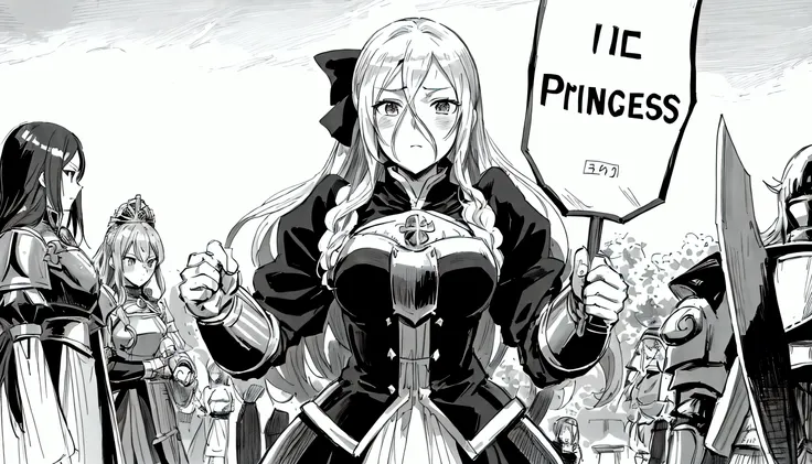 anime girl with sword and armor holding a sign that says im princess, edelgard fire emblem, female protagonist 👀 :8, & her expression is solemn, marisa kirisame, black and white manga panel, inspired by Li Chevalier, pin on anime, evil princess, erza scarl...