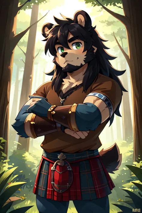 score_9,score_8_up,score_7_up, source_cartoon, source_furry, Furry male, bear, bear ears, black hair, long messy hair, messy hair, beard, detailed body fur, green eyes, blue paint on left face, ((brown shirt, bracer, red kilt, scottish clothes)), looking a...