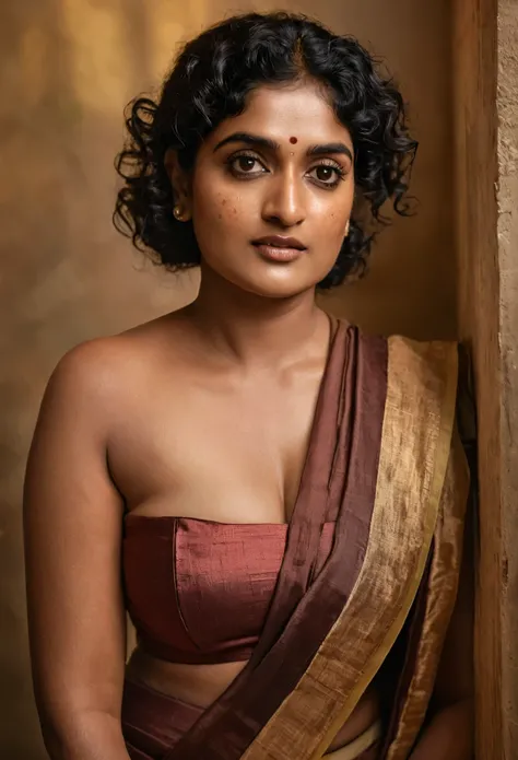 Looks like Nivetha Thomas, a photo portrait of a beautiful Indian actress 45 years old, with curls, styled black hair, (face portrait:1.5), dramatic light, Rembrandt lighting scheme, bust shot, Wearing a linen strapless tube Bra with sexy designer saree, ...