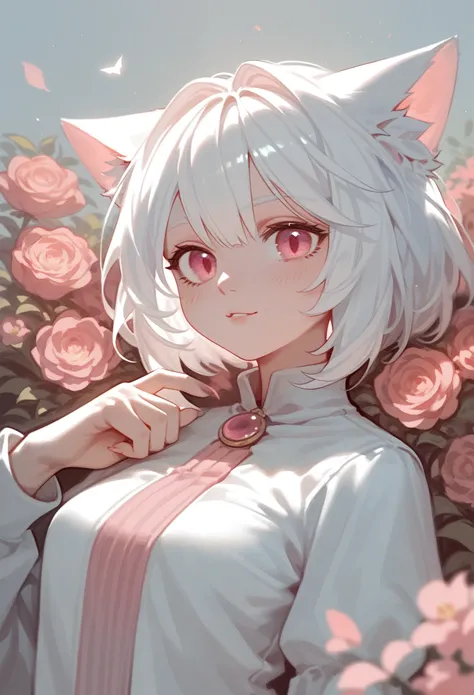 (score_9,score_8_comfort,score_7_comfort),1 woman,cat girl, white hair,pink eyes,cat ears,cat&#39;s tail,,Beautiful_face, hand turned into a cat &#39;paw,  naked chest,  naked nipples  , exposed pussy,  Love juice flows out of pussy ,  Love juice spread ac...