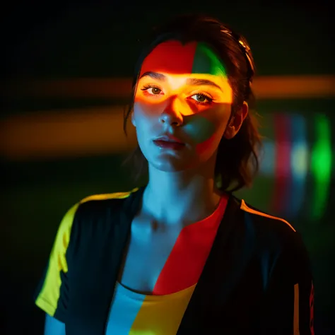 full portrait unique photography with light and painting, german flag painting colors on the face, a cute readhead German , she is wearing German soccer jersey, dynamic pose, The Face behind a reflected Glass, floating hair, red and orange neon lighting, p...