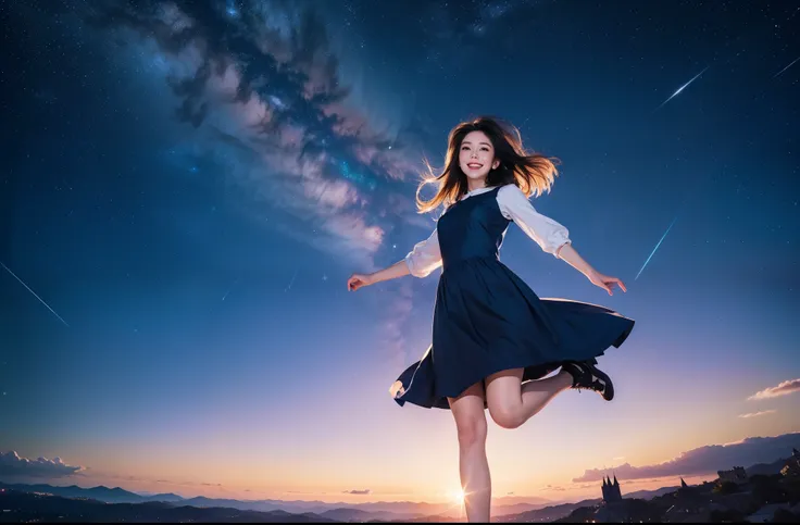 Best Quality　masterpiece　 Details　A super beautiful woman smiles and jumps high into the sky　Photo style　 imaginary　 fantasy in a starry sky