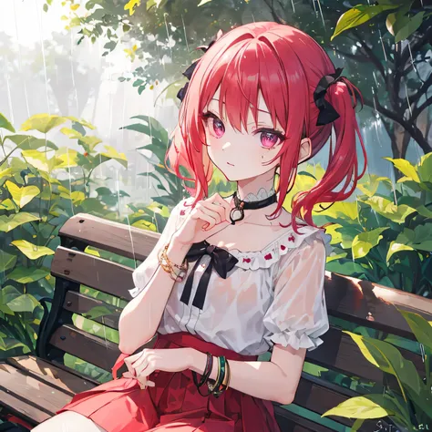 wooden bench night rain trees behind
Satanichia McDowell beautiful little face 
Magenta eyes
Semi-long red hair tied with 2 pigtails
posing and dressed in beautiful clothes
with a decoration on her neck and bracelets on her
arms
detailed hands and arms