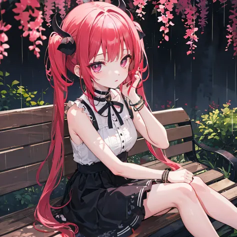 wooden bench night rain trees behind
Satanichia McDowell beautiful little face 
Magenta eyes
Semi-long red hair tied with 2 pigtails
posing and dressed in dark clothes 
with a decoration on her neck and bracelets on her
arms
detailed hands and arms