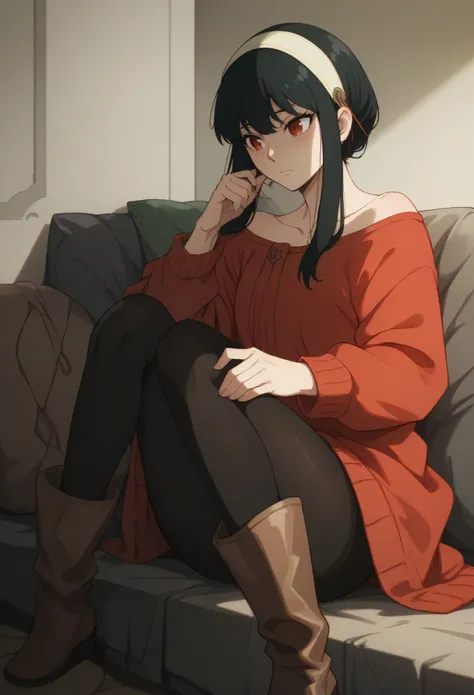 YorForger,1girl,black hair,red eyes,short hair with long locks, white hairband, off shoulder,red sweater, black pantyhose, boots,
