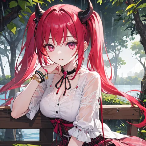 wooden bench in front of a flower surface 
Night rain trees behind and a big lake 
Satanichia McDowell beautiful little face
Magenta eyes semi-long red hair tied with 2 pigtails posing and dressed
wearing beautiful clothes with decorations on her neck and ...