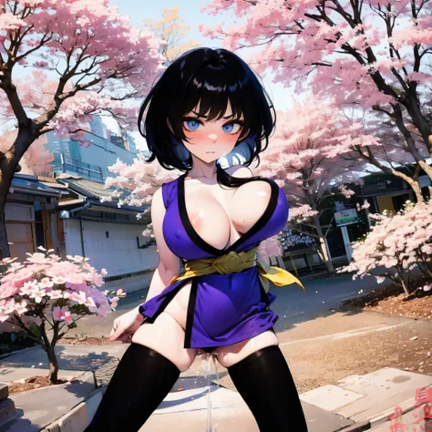 (solo), 1 skinny little grappler standing, baby face, landscape, cherry blossoms, swaying back, down arms behind back, close fists, open legs, black short hair, motion lines, BREAK, too short kimono, sleeveless, inky-black thighhighs, thigh gap, BREAK, (bo...