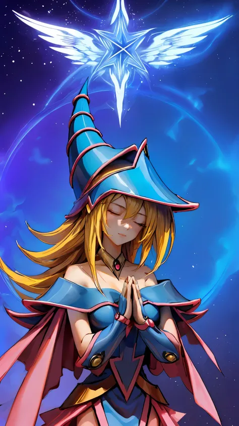 Darck Magician girls with eyes closed .  She is meditating and her eyes are closed .  She has her hands folded because she is praying. 