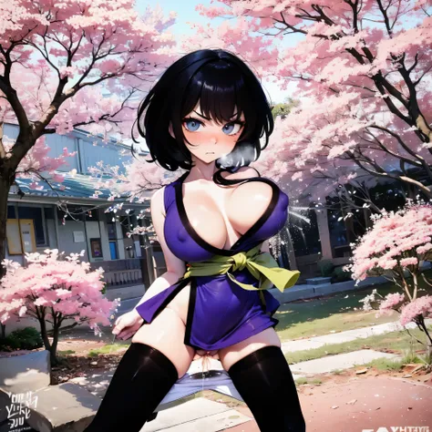 (solo), 1 skinny little grappler standing, baby face, landscape, cherry blossoms, swaying back, down arms behind back, close fists, open legs, black short hair, motion lines, BREAK, too short kimono, sleeveless, inky-black thighhighs, thigh gap, BREAK, (bo...