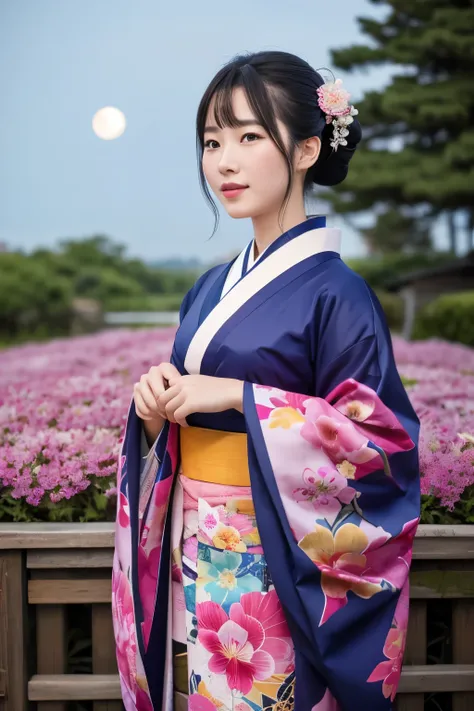 Beautiful woman wearing a kimono on a bright moon