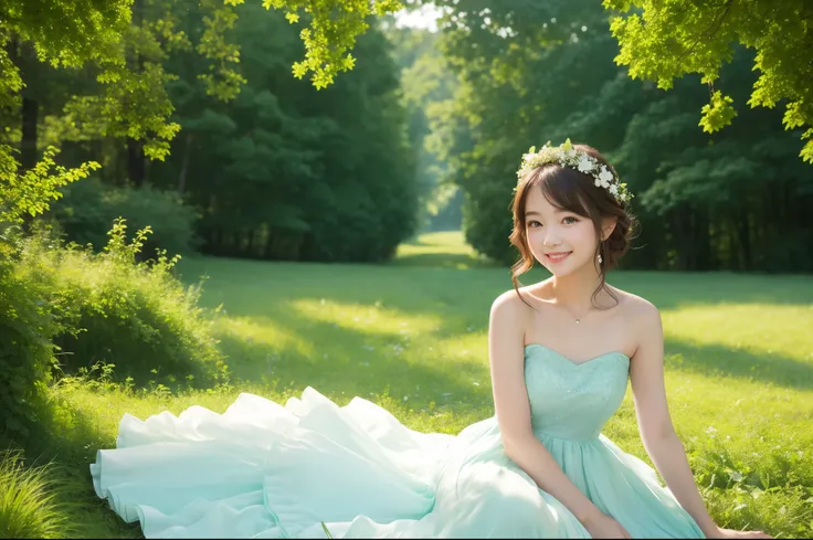 Best Quality　masterpiece　 Details　 a super cute  appears in the emerald green forest with a smile　Photo style　 imaginary　 fantasy in a starry sky　A dress in a white dress 