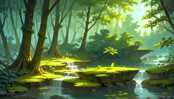 score_9, score_8_up, score_7, there is a stream of water in a dark forest, the moon is reflected in the stream, some leafs rest in the stream, moon rays, National Geographic photoshoot,
