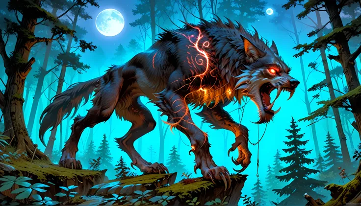 score_9, score_8_up, score_7, a werewolf howling in the night at the forest, a soft glowing moon hanging above the forest