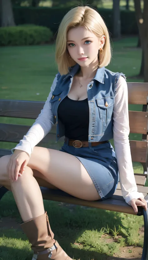 android 18, light blonde, short hair, emerald green eyes, wearing round earrings, long sleeves, mini denim blue skirt, black see...