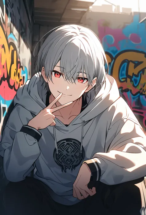 handsome, alone, 1 male, gray hair, red eyes,  long sleeve ,  white hooded hoodie, noon, white light,cute目, short hairstyle ,cut...