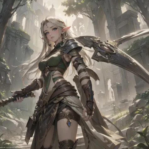  masterpiece, (textured skin), best quality, gorgeous beautiful girl, elf, detailed clothes,large breasts,narrow waist,, (beautiful face), cinematic lighting,  