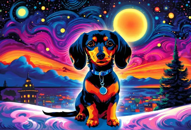 black dachshund:1.2 (art by louis wain): psychedelic prints,dachshund under the night sky, ((illustration by louis wain)), 
(ext...