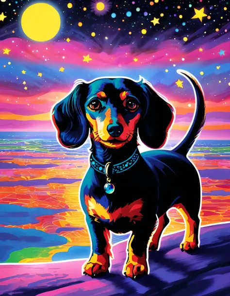 black dachshund:1.2 (art by louis wain): psychedelic prints,dachshund under the night sky, ((illustration by louis wain)), 
(ext...