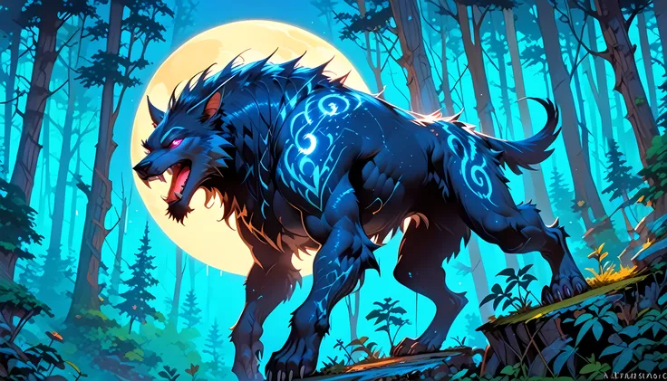 score_9, score_8_up, score_7, a anthropomorphic wolf howling in the night at the forest, a soft glowing moon hanging above the f...