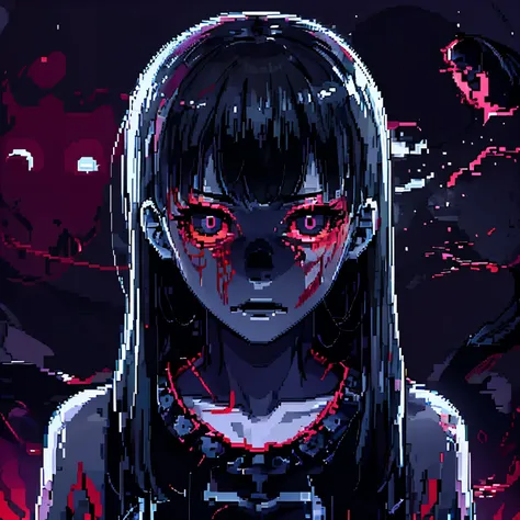 Pixel Art. anime girl like Slenderman,  but woman , scary,  Slendermans thin tentacles, operator , Creepypasta , long black hair ,  empty title , High, behind Shchupolsk . blood on the face, Scars on the face,  scary face, scary 