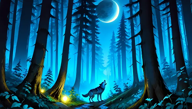 score_9, score_8_up, score_7, a anthropomorphic wolf howling in the night at the forest, a soft glowing moon hanging above the f...