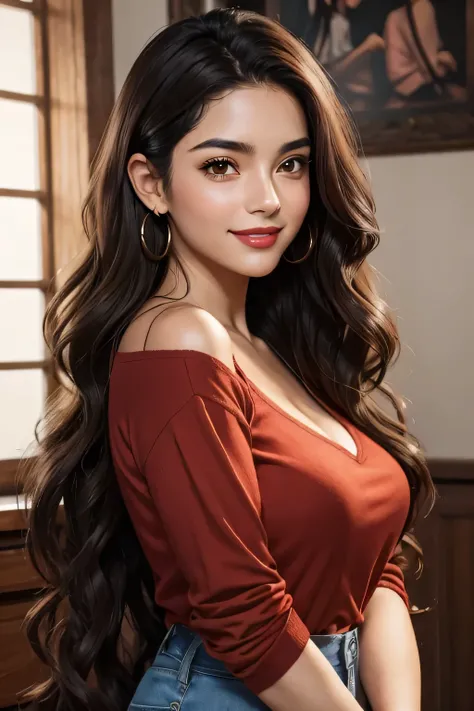    Beautiful portrait of a 28-year-old Latin girl with black hair ,  beautiful light brown eyes , large and striking ,  delicate black eyebrows ,  rosy cheeks ,  red lips,  charming cheerful smile,   long wavy brown hair that cascades around her face and s...