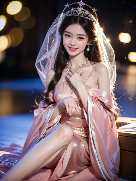 Best Quality　masterpiece　 Details　The super cute girl smiled and said she liked her　Photo style　Fairytale　 fantasy in a starry sky