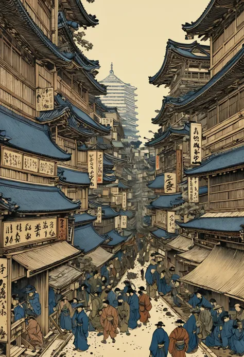 shinjuku tokyo, by Katsushika Hokusai, best quality, masterpiece, 8k, Representative work, official art, Professional, Ultra intricate detailed