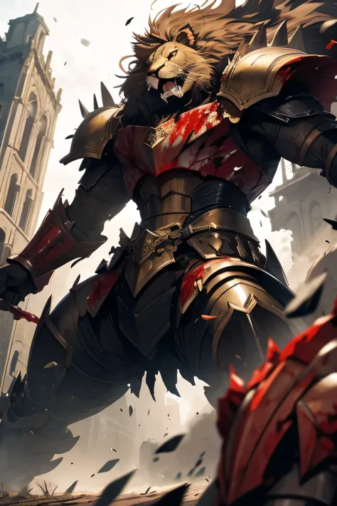 giant lion with armour, in battle, blood, bleed 