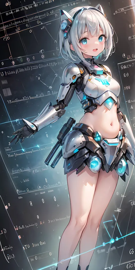 (masterpiece), (science fiction:1.7), 1girl, standing, showing shes own butt, smile, open mouth, playful look, silver hair, aqua eyes, headgear, (shiny energy metallic clothing), visible navel, (metal robotic armor:1.2), visible thighs, short hair, small b...