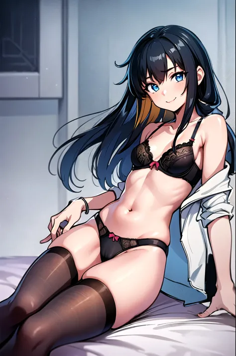 (masterpiece, Best Quality:1.2), Alone,  one girl playing pranks, Browse Assasio , smile,  browse viewers in a nuisance pose ,  black pantyhose, (( panties), ( bras), (In underwear), ( fancy underwear)),  flat chest,  small breasts, Small Ass, 