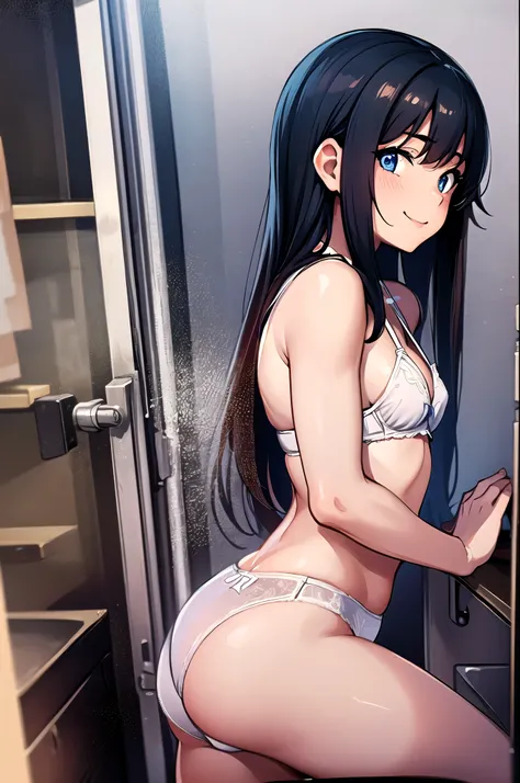 (masterpiece, Best Quality:1.2), Alone,  one girl playing pranks, Browse Assasio , smile,  viewers, (( white panties), ( white bra), (White underwear), ( fancy underwear)),  flat chest, (( small breasts)), Small Ass, (Petite), NFSW