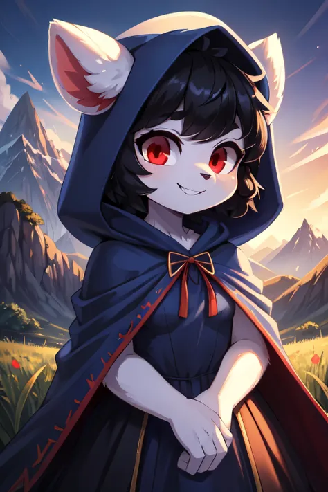 score_9,score_8_up,score_7_up, source_cartoon, source_furry, furry girl, sheep, sheep ears, black hair, afro messy hairstyle, detailed body fur, red eyes, ((blue hood with cloak, Dutch colored dress, klederdracht dress)), looking at you, small breasts, whi...