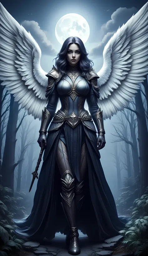 an epic fantasy art portrait of aasimar, female, paladin ready for battle under the full moon, holy warrior, spread large feathe...