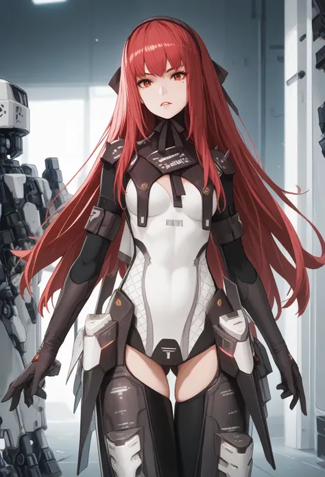 Garnet, red eyes, red hair, long hair, Mole under eye, Garnet clothes, headgear, headband, mech waist wings, thigh boots
