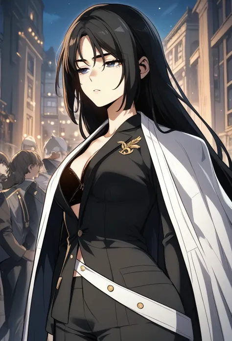 LuniaArden, long hair, black hair, dark blue eyes,
black suit, black bra, black gloves, half gloves, navel, white belt, captain coat on shoulder