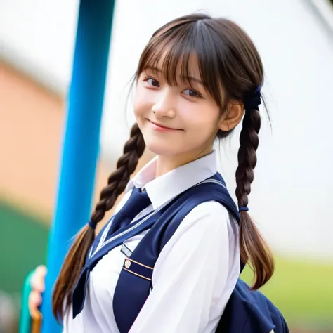 1girl,solo,twintails,school uniform,dynamic angle,from side,smile