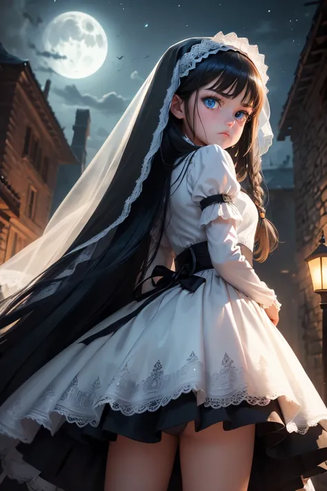 Ultra detailed ,beautiful  , delicada ,girl nine years old ,blue eyes ,  small girl, white bride , veil , lowleg-pantie , Black hair braided ,angry face ,night moon  background ,Beautiful face.  , standing . Ultra realistic girl , body , long black hair fr...