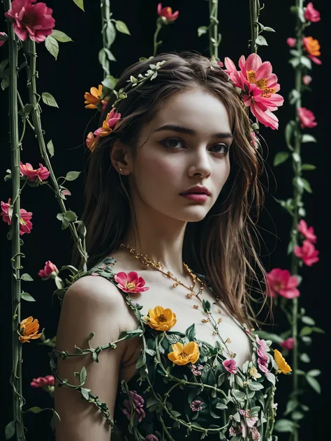 girl, detailed face, (covered by flowers, colorful flowers that looks like scale, flower aesthetic, intricate details, super int...