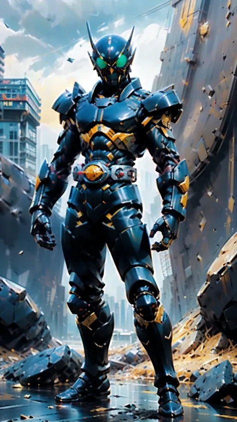 (masterpiece:1.5, best quality:1.5, extremely delicate:1.5), ((male:1.5)), a man wearing a full-face helmet, green eyes, fantasy-style high-tech biomimetic armored combat suit, (a composite layered chest armor), the design balances heavy with agility, full...