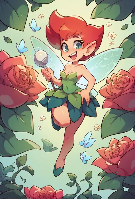 A delicate small fairy, holding a magic wand, using magic on a giant red group of flowers