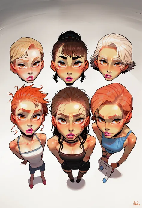 score_9, score_8_up, score_7_up, score_6_up, 4girls, h3l3n, incase style, miltiple dynamic poses, cartoon, realistic, hyper detailed brown eyes, cute, full body portrait, standing, dynamic angle, view from above:1.5, different hair colors, motion movement,...