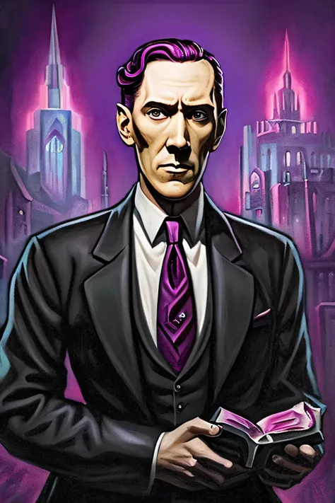 sd-целлюлоза, cover of lovecraft's book, howard lovecraft in costume, holds in his hands, pinkie pie