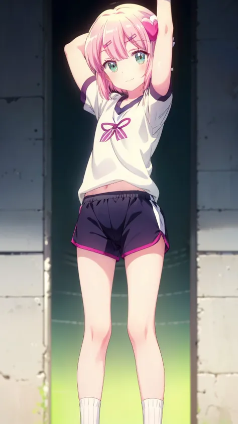 Momo Chiyoda ,  short hair,  pink hair, (Green Eyes:1.5), smile,smile,(Short Sleeve Gym Wear:1.5), Gymnastics, (Gymnastics服を着た女の子), (Gymnastics服を着た女の子), sportswear, shorts,Front open, white long socks,White socks, White background,  is standing, ( turn you...