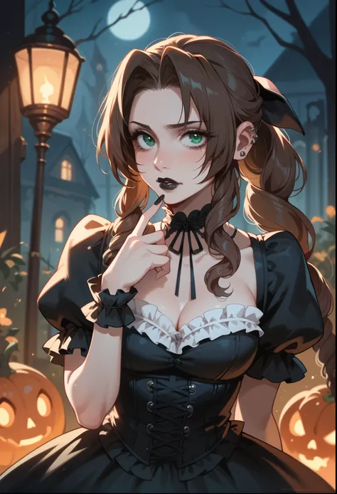 Aerith Gainsborough, gothic lolita cosplay, piercings, black lipstick, stoic, spooky mansion,